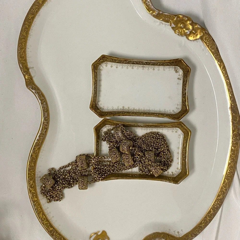 Limoges Porcelain Vanity Tray Set White with Gold Gilt Circa early 1900s
